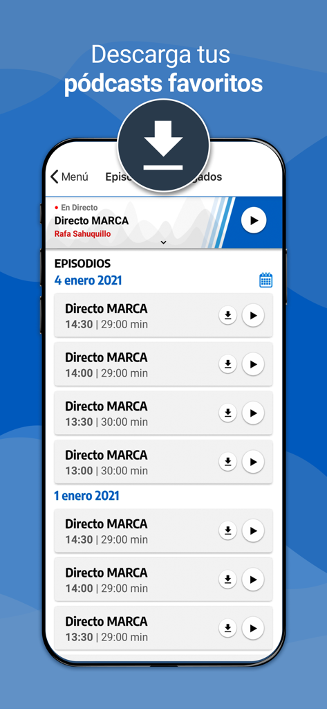 Tela de smartphone mostrando a lista de downloads de podcasts do aplicativo Radio MARCA