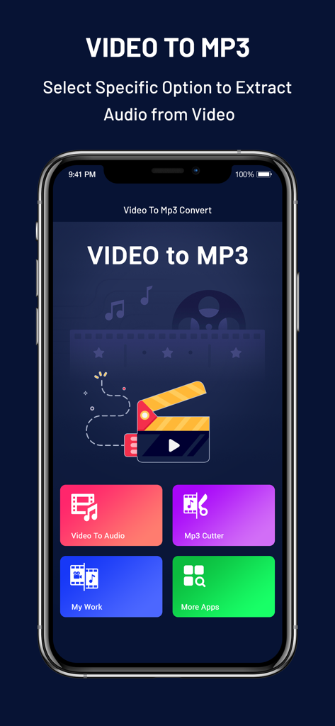 Main interface of the MP3 Converter app showing options for video to audio conversion and MP3 cutting