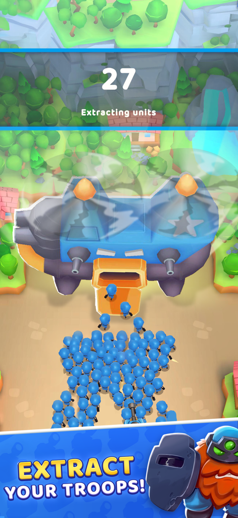 Grunt Rush: Battle & Conquer - Blue soldier units extracting from a transport vehicle in Grunt Rush Battle and Conquer gameplay.