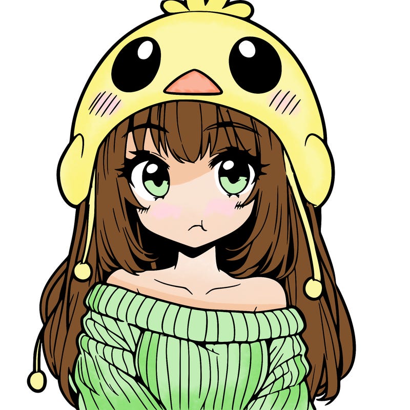 anime girl with chick shaped hat with sweater with bare shoulders with bangs covering them one eye with low tail