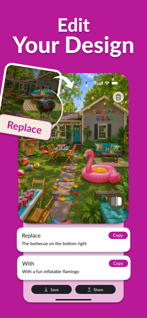AI Event Designer - Party Plan - Interface de l'application AI Event Designer montrant la fonction de remplacement d'objet pour un agencement de fête dans le jardin
