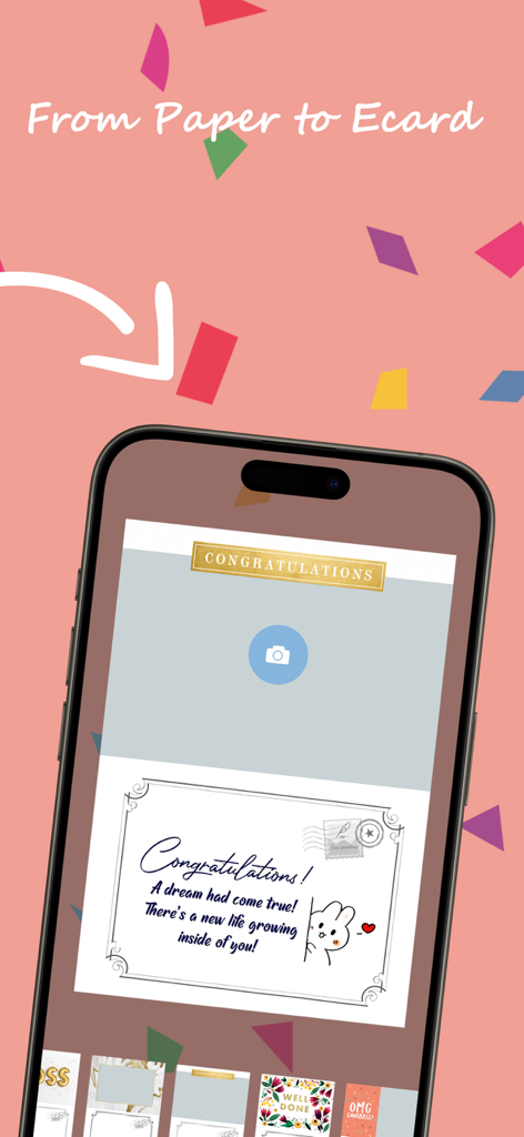 Pencil Greeting:Invites&eCards - Pencil Greeting app interface showing a digital card with a handwritten message and photo placeholder