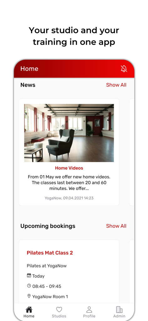 SportsNow app home screen showing news updates and upcoming fitness class bookings