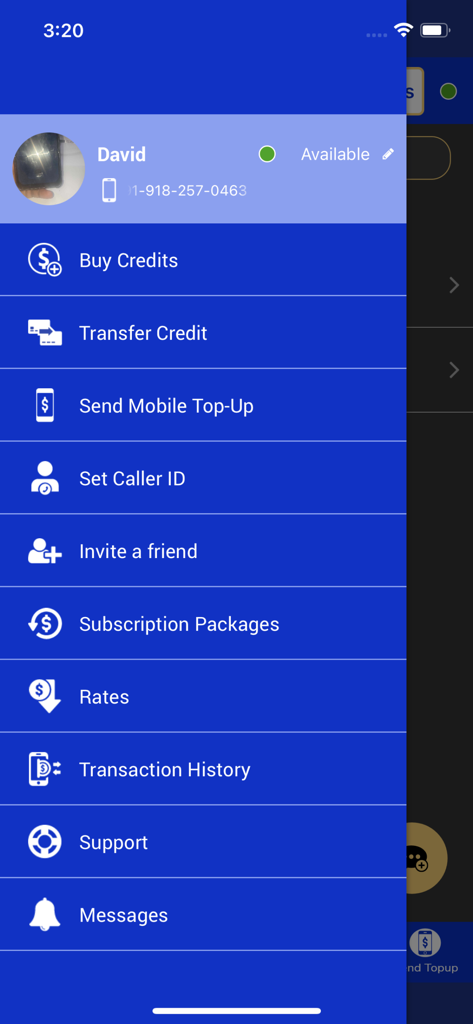 EasyCalls app side menu with international calling and top up options
