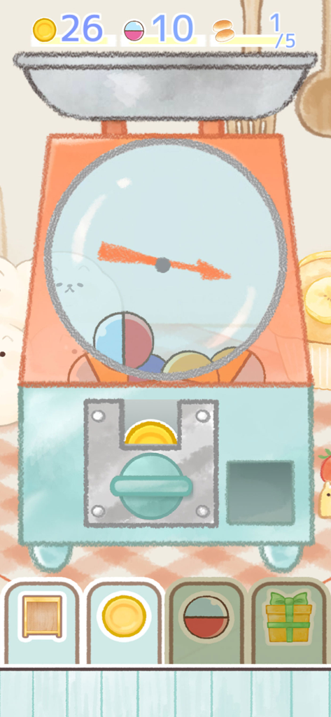 A pastel colored gacha capsule machine with hand drawn aesthetic in a bakery setting