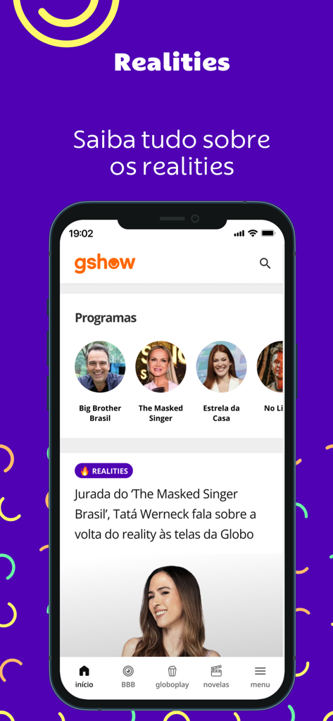 gshow: novelas, realities e + - La interfaz de la aplicación gshow mostrando contenido de reality shows, incluyendo Big Brother Brasil y The Masked Singer.