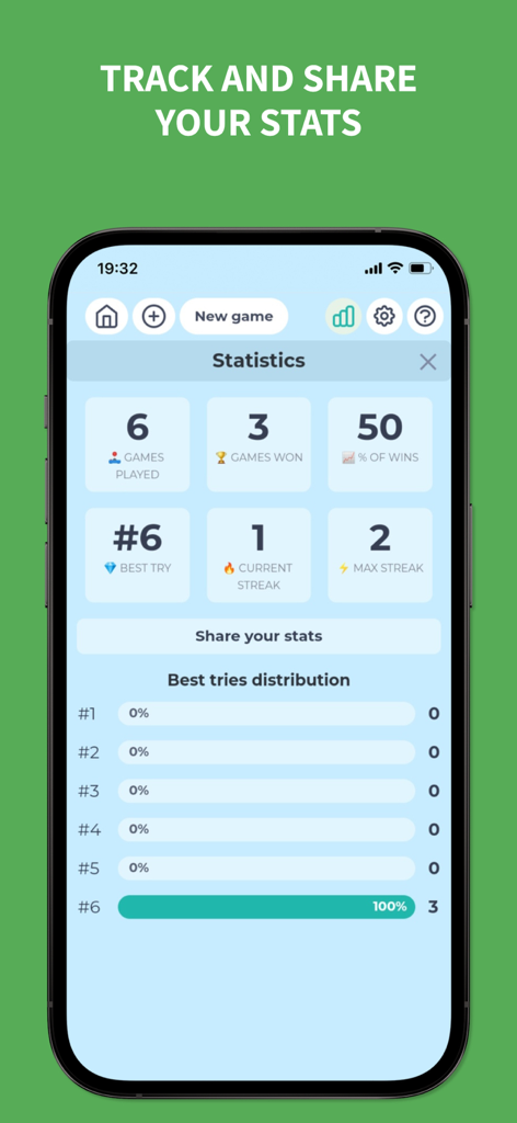 WordGrid - Guess the Word - A statistics screen in the WordGrid app showing game progress win percentage and streaks