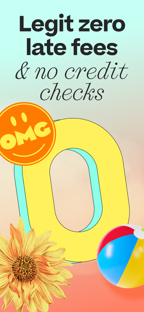 Klover app promotional screen stating zero late fees and no credit checks with a large zero and playful icons