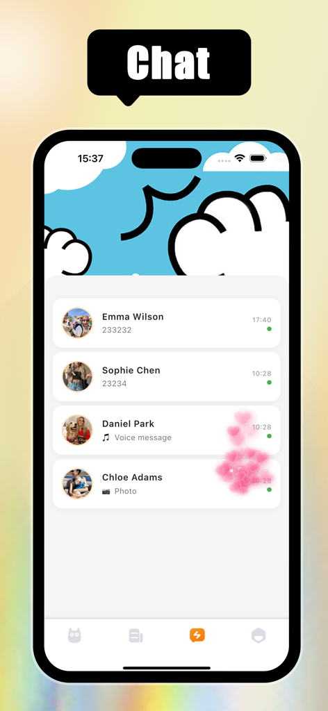 Kreamy-Share, Chat&Fun - Chat screen of the Kreamy app showing a list of pet parent contacts