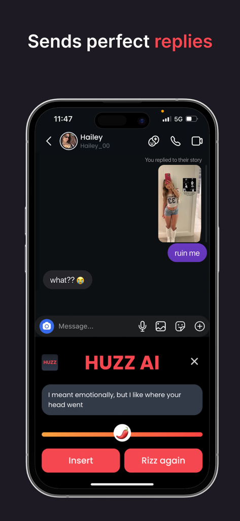Huzz AI app interface showing a suggested witty reply for an Instagram chat with a spice level slider.