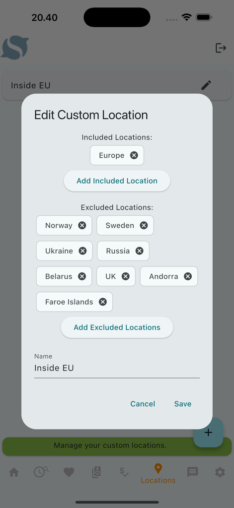 Hifishark Companion - Interface of Hifishark Companion app showing how to edit custom location filters by including Europe and excluding specific non-EU countries