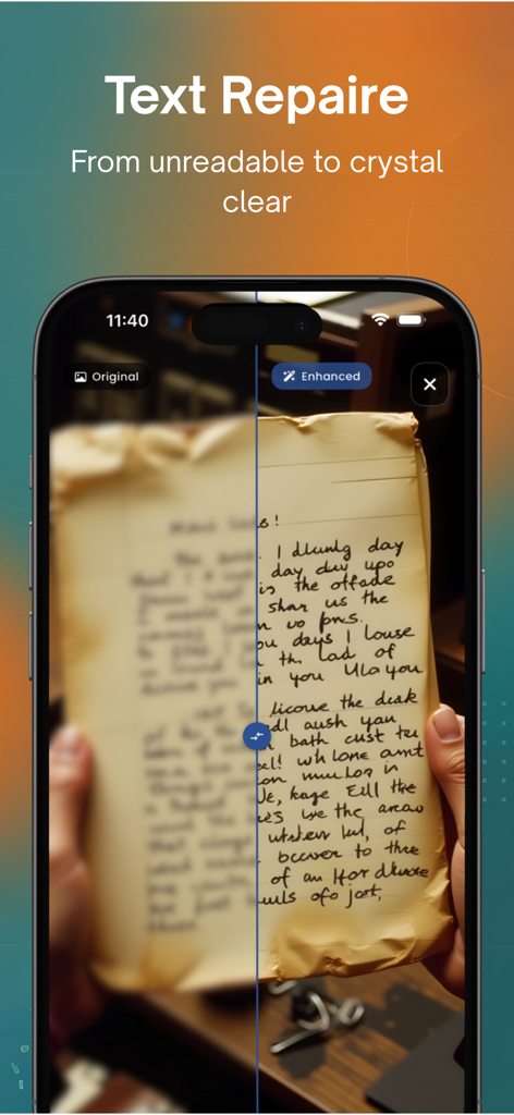 AI Upscale: Enlarge Images - Before and after comparison of a blurry handwritten note being repaired and sharpened by the AI Upscale app.