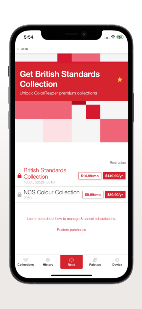 Datacolor ColorReader - Subscription screen for British Standards and NCS Colour premium collections in the Datacolor ColorReader app.