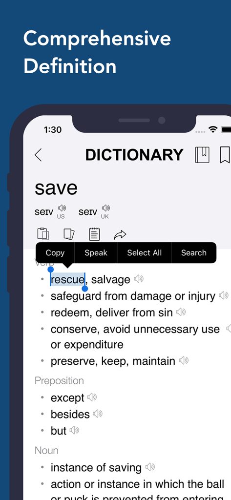 Dictionary & Translator - 辞書と翻訳アプリのスクリーンショットで、保存という単語の包括的な定義、発音、使用例を表示しています。