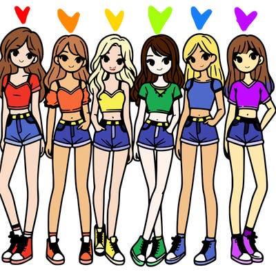 a group of girls wearing crop tops and shorts