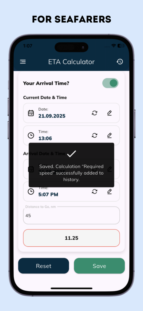 ETA Calculator mobile app interface for maritime professionals showing a required speed calculation and save notification