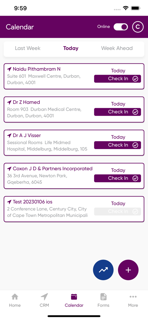 XpRep CRM - XpRep CRM mobile app calendar screen showing a list of daily client appointments with check in buttons for field sales reps