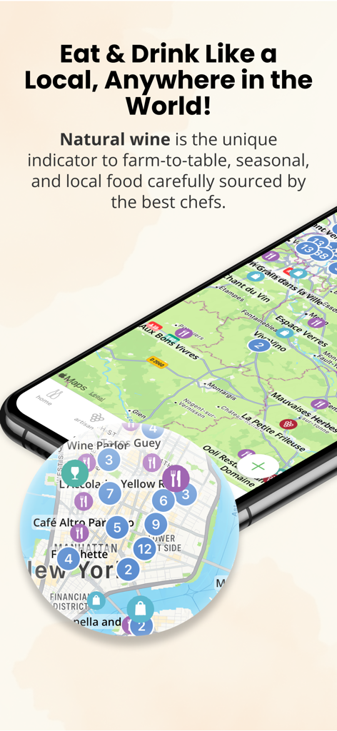 Ein Mobiltelefon mit der Kartenansicht der Raisin-App, auf der Naturwein-Bars und Restaurants in New York City markiert sind