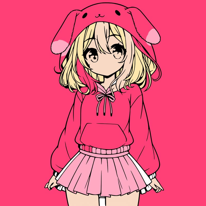 pretty anime girl wearing a fluffy hoodie with bunny ears on the hood and a skirt