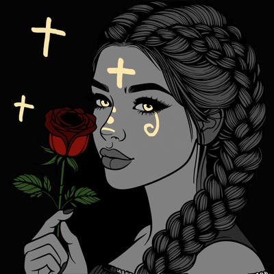 realistic woman with braids holding a single rose