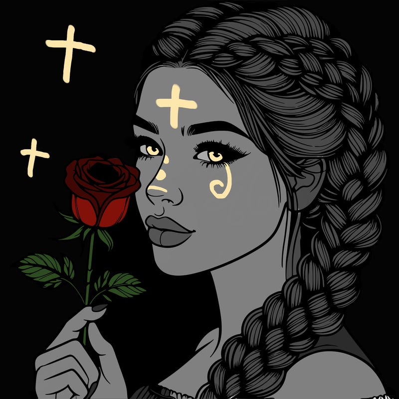 realistic woman with braids holding a single rose