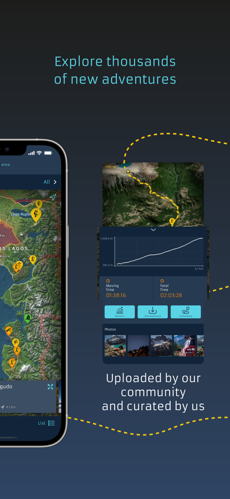 SUDA Outdoors - Adventure GPS - Interface do aplicativo SUDA Outdoors mostrando rotas curadas pela comunidade com mapas de elevação e estatísticas de caminhada