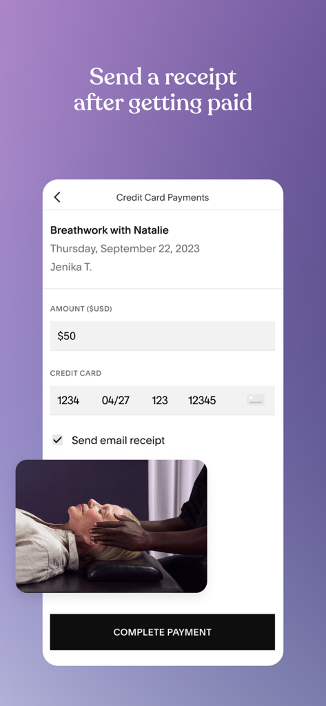 Acuity Scheduling - Acuity Scheduling mobile app screen showing credit card payment processing and email receipt options for a wellness service