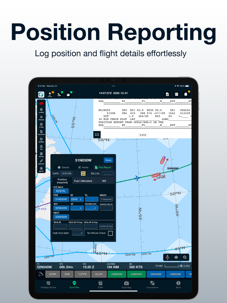 Interfaz para el informe de posición y detalles de vuelo en la aplicación de aviación Scott IPC en un iPad