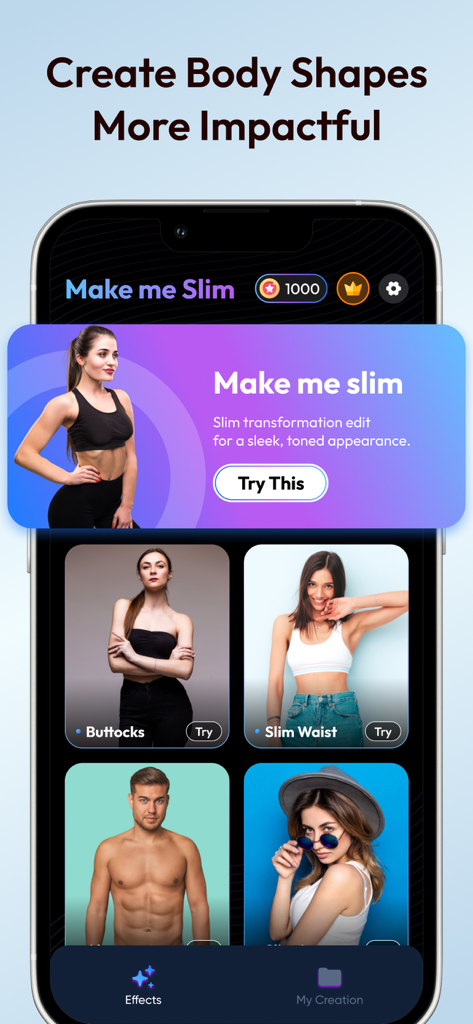 Smartphone screen displaying the Make Me Slim AI body shape editing app interface