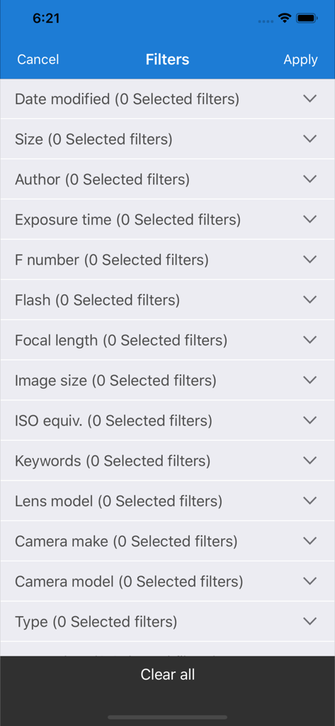 Qsirch - Interface of the Qsirch app showing advanced search filters for finding files by metadata like camera exposure and ISO