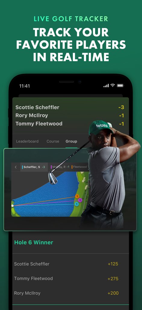 bet365 app showing live golf tracker with real-time player stats and betting odds