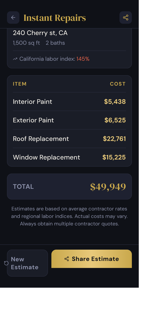 Instant Repairs - A breakdown of repair costs for a California property including roofing and painting itemized by category.