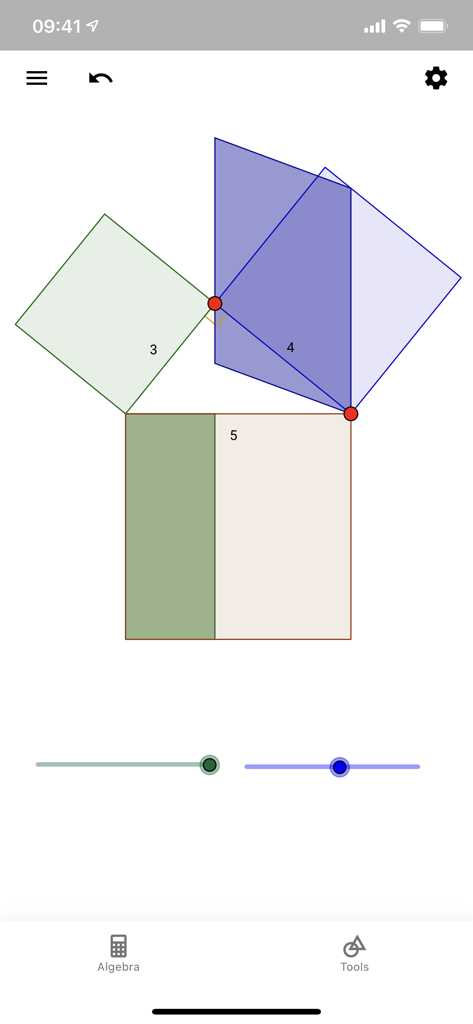 Visual proof of the Pythagorean theorem on a right triangle in GeoGebra Geometry