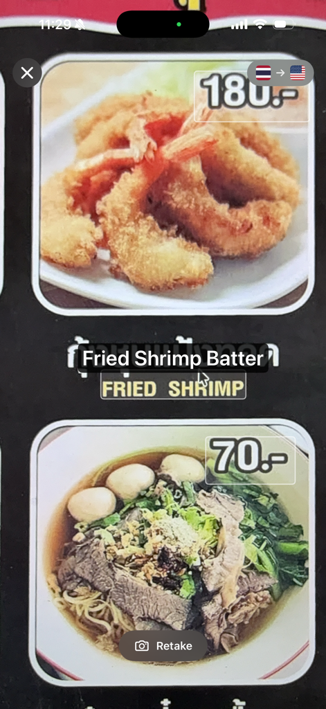 Mini Translate - Offline - Mini Translate Offline app camera feature translating a Thai food menu into English