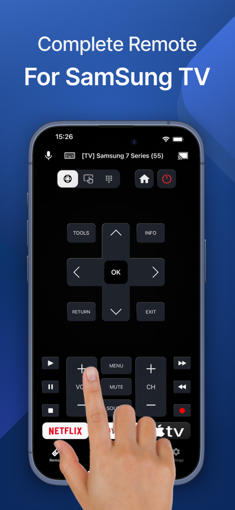 Smart Remote for Sam TV - Interfaz de la aplicación Control Remoto Inteligente para TV Sam en un smartphone que muestra botones de navegación y control de medios