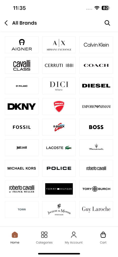 Ontime Online Shopping - Ontimeアプリで利用可能なプレミアムファッションおよび時計ブランドのロゴのグリッド表示。