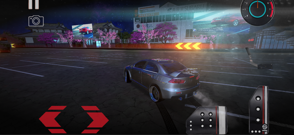 Drift Racing Legends JDM - A silver sports car in a night drift scene featuring Japanese buildings and cherry blossoms