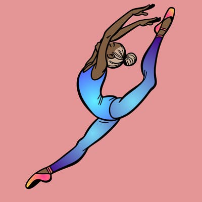 gymnast doing a leap in a leotard with a bent back leg