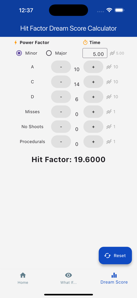 Interface of the Hit Factor Dream Score Calculator showing score inputs and performance metrics for IPSC and USPSA shooting.