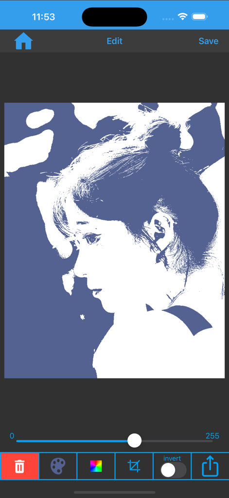 Fx Stencil - Mobile app interface of Fx Stencil showing a woman's portrait converted into a blue and white stencil with editing tools