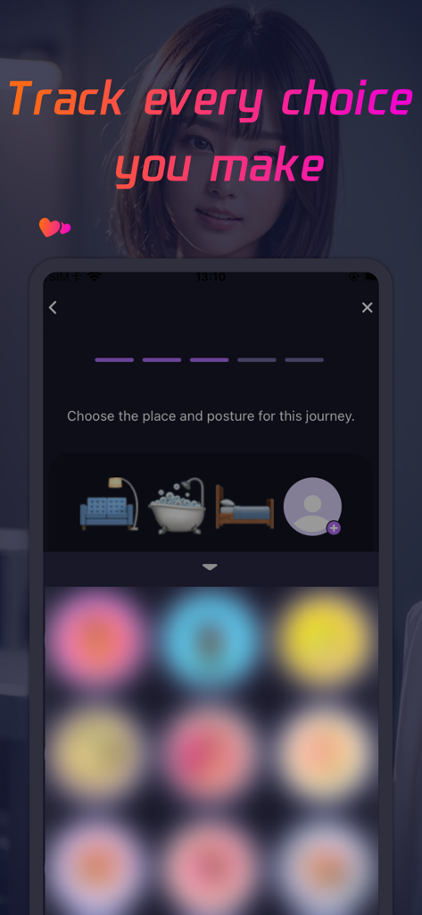 LoveSync App-Bildschirm, der Optionen zur Auswahl des Ortes und der Haltung für eine intime Reise mit Symbolen für ein Sofa, eine Badewanne und ein Bett zeigt.