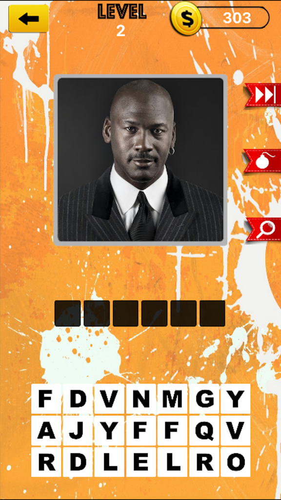 Gameplay screenshot of Basketball Super Star Trivia Quiz featuring a level to identify Michael Jordan