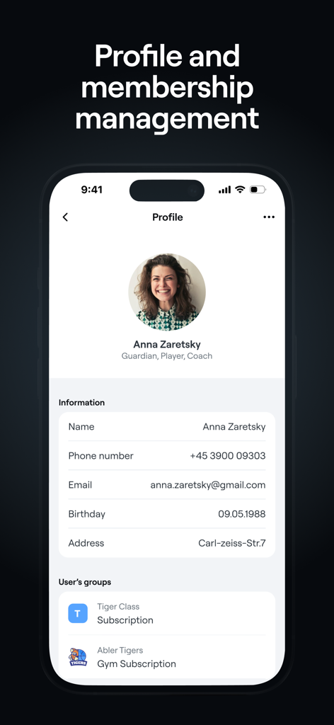 Écran de gestion de profil et d'adhésion de l'application Abler montrant les détails de l'utilisateur et les groupes d'équipes