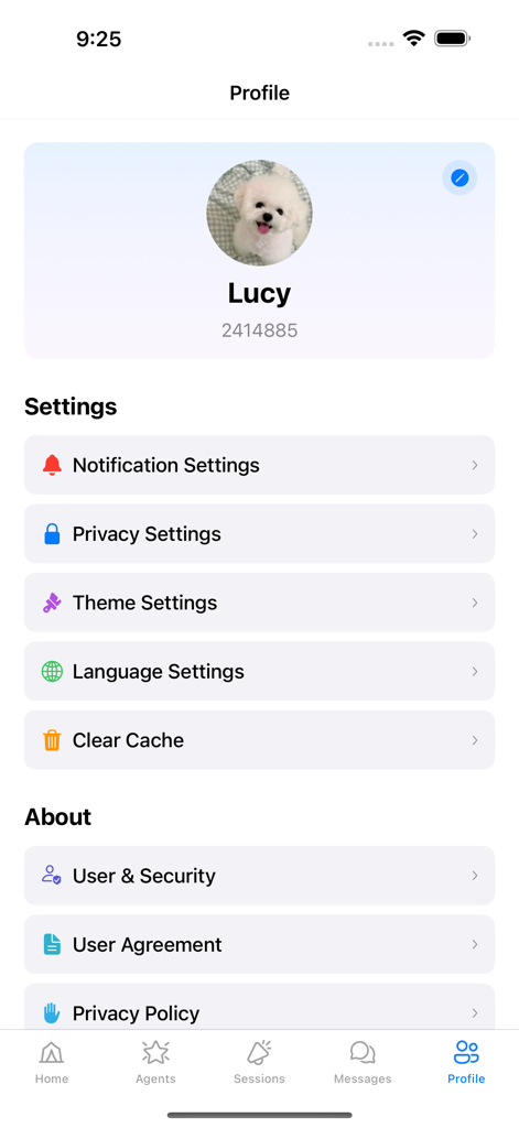 Sahra Chat app profile screen showing user information and account settings