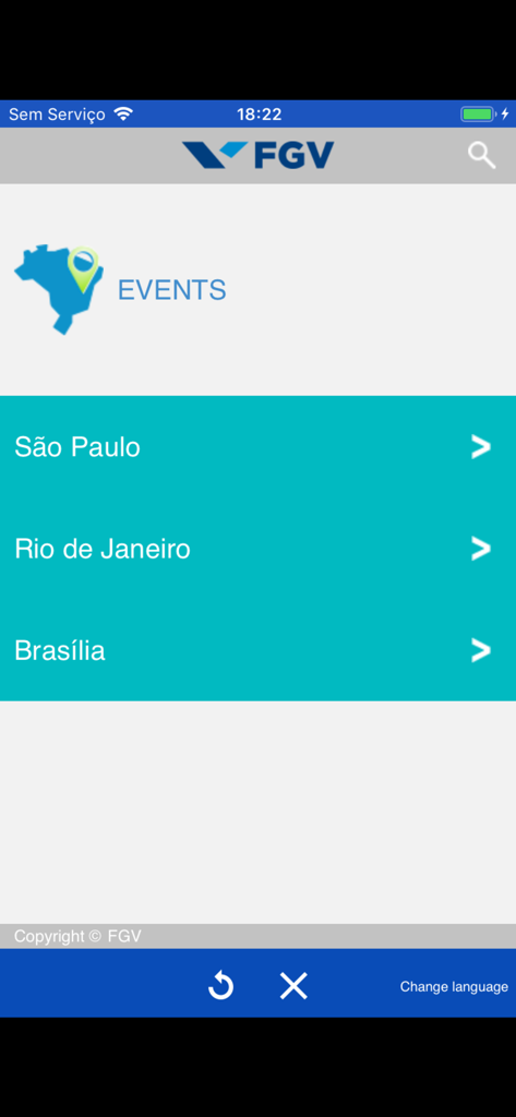 FGV - Tela de eventos do aplicativo FGV listando São Paulo, Rio de Janeiro e Brasília.