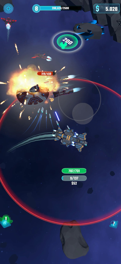 Galaxy Idle - Gameplay screenshot of Galaxy Idle showing spaceship combat and resource management in deep space