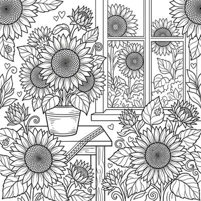 Unwind with this beautiful sunflower coloring page, perfect for cozy weekend moments. Explore intricate floral designs and peaceful indoor-outdoor scenes waiting for your creative touch.