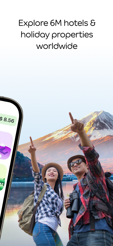 Millennial travelers with backpacks looking at a mountain landscape illustrating global property options on the Agoda app