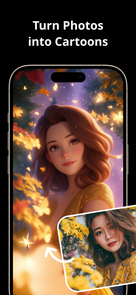 Photo Enhancer AI - PhotoPlus - A woman's portrait transformed into a stylized AI cartoon character using the PhotoPlus app