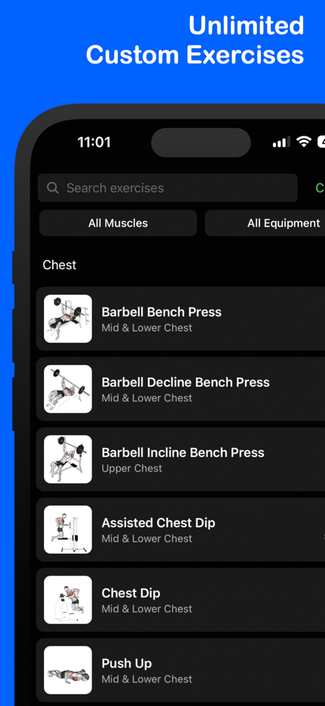 Fitlog Workout Tracker Gym Log - Interfaz de la aplicación Fitlog que muestra una lista de ejercicios de pecho como press de banca y flexiones bajo el encabezado Ejercicios Personalizados Ilimitados